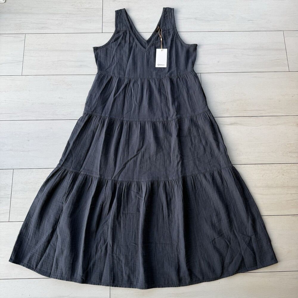 Quince Womens Large 100% Organic Cotton Gauze Tiered Maxi Dress Indigo Blue